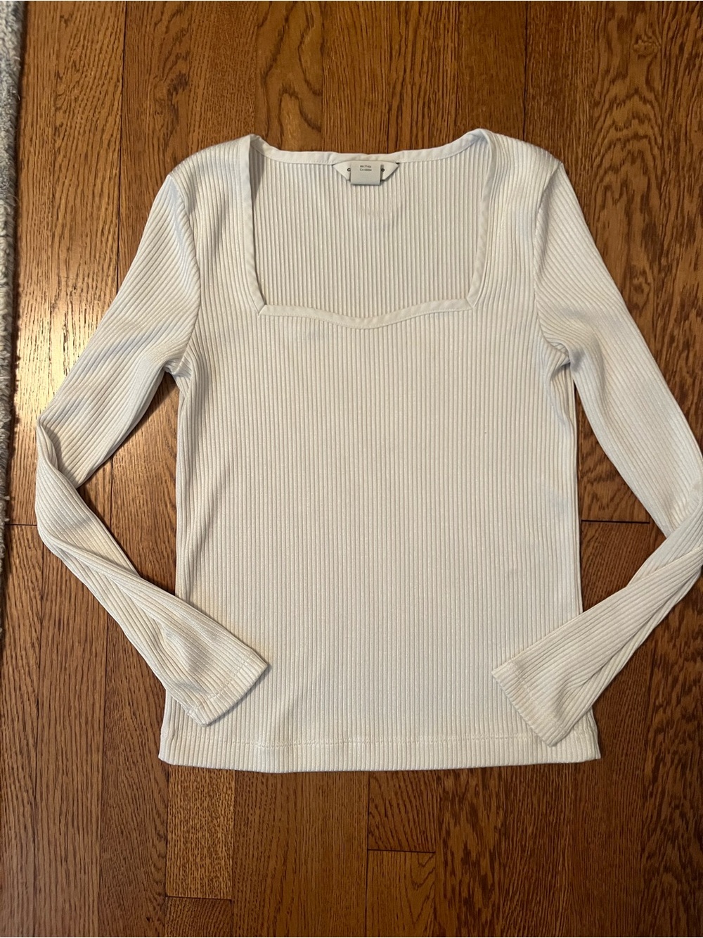 Club Monaco White Ribbed Square-Neck Long Sleeve Top